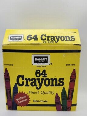 Vintage RoseArt 64 Crayons Box 1980s Yellow Retro NOS Complete Unused Rare HTF